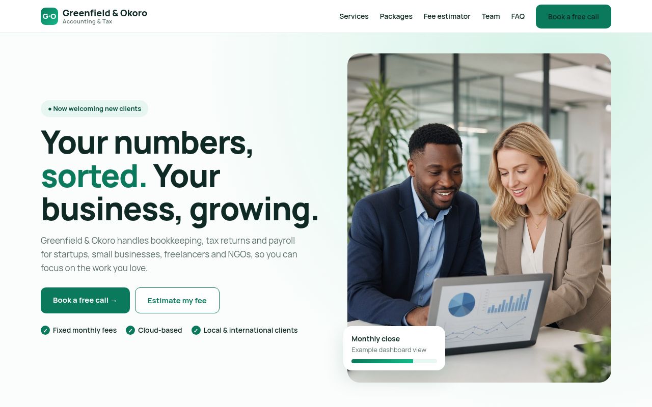 Screenshot of the Greenfield & Okoro sample website
