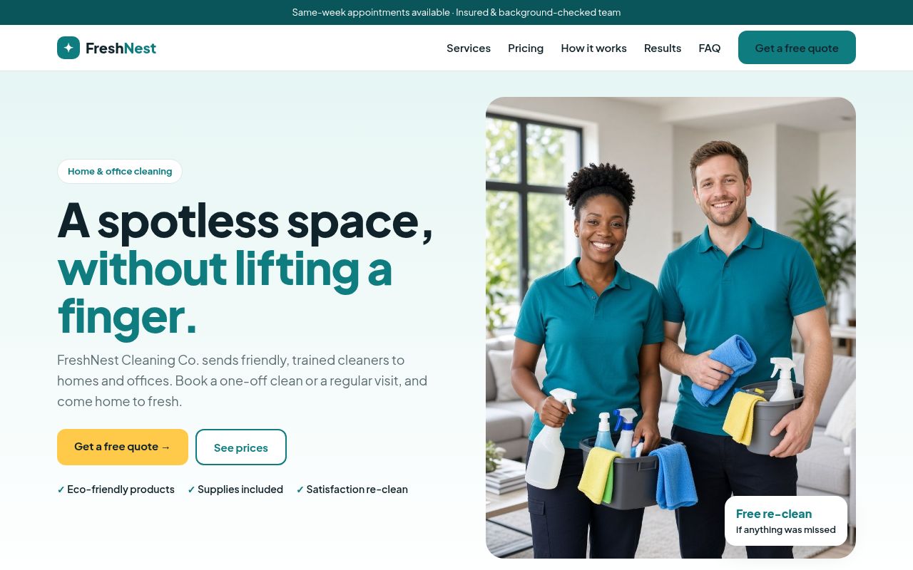 Screenshot of the FreshNest Cleaning Co. sample website