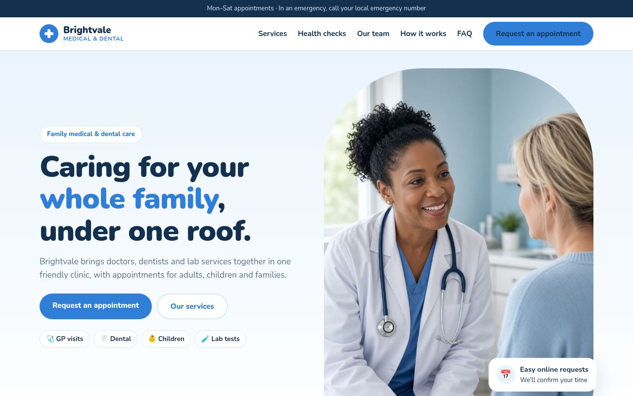 Screenshot of the Brightvale Medical & Dental sample website