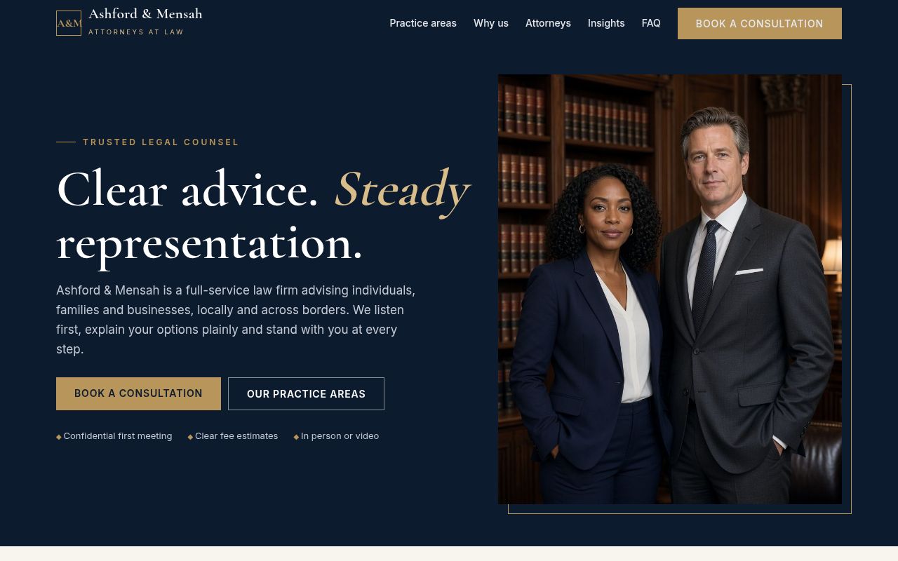 Screenshot of the Ashford & Mensah sample website