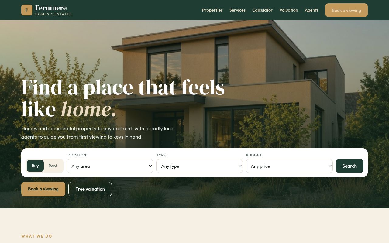 Screenshot of the Fernmere Homes & Estates sample website
