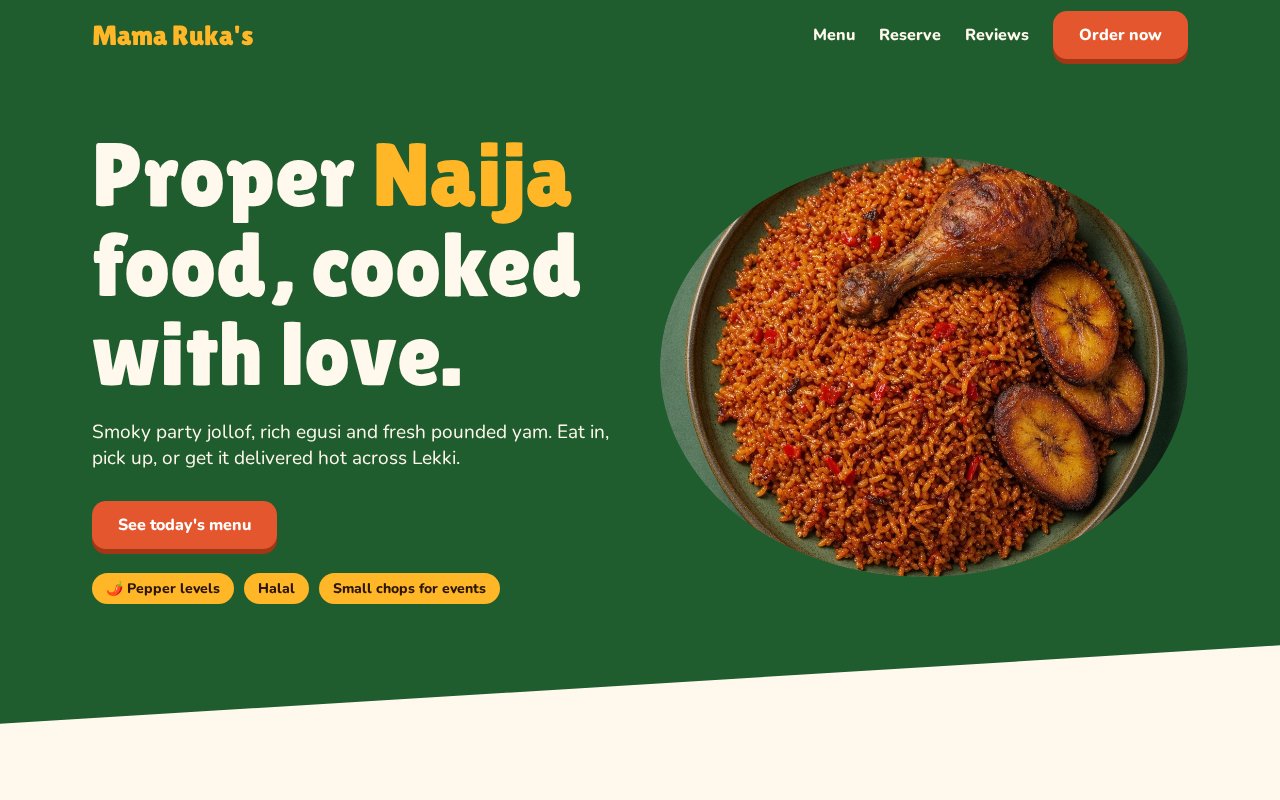 Screenshot of the Mama Ruka's Kitchen sample restaurant website