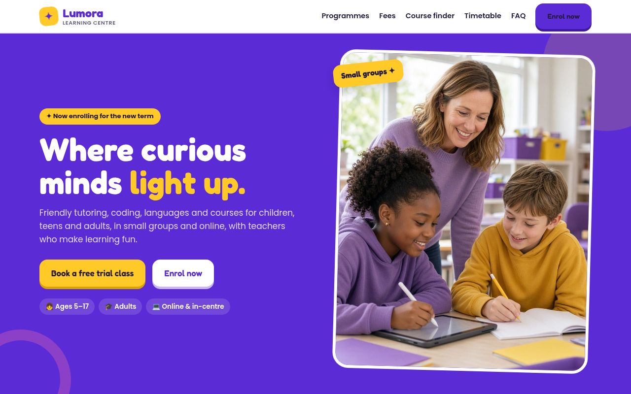 Screenshot of the Lumora Learning Centre sample website