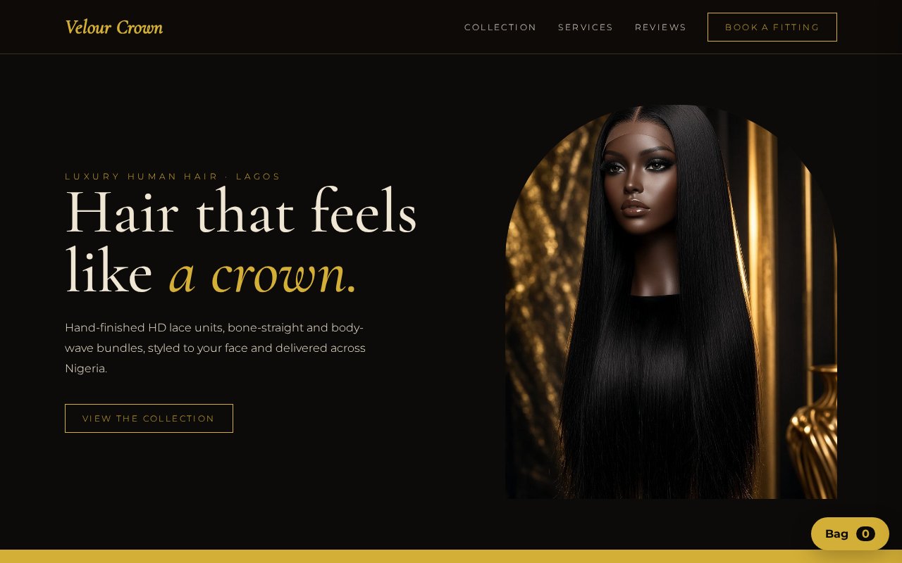 Screenshot of the Velour Crown sample website for a hair and wig brand