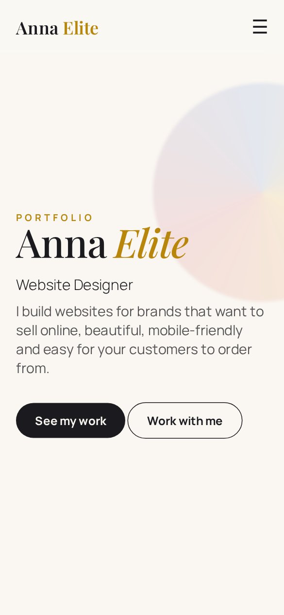 The Anna Elite portfolio website shown on a phone